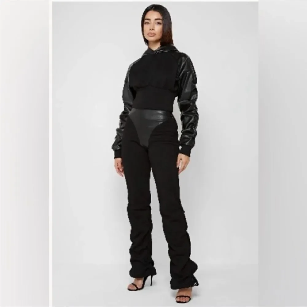 Maniere De Voir Black Jogger Faux Leather Trim Pants with Drawstring Ankle SZ 10